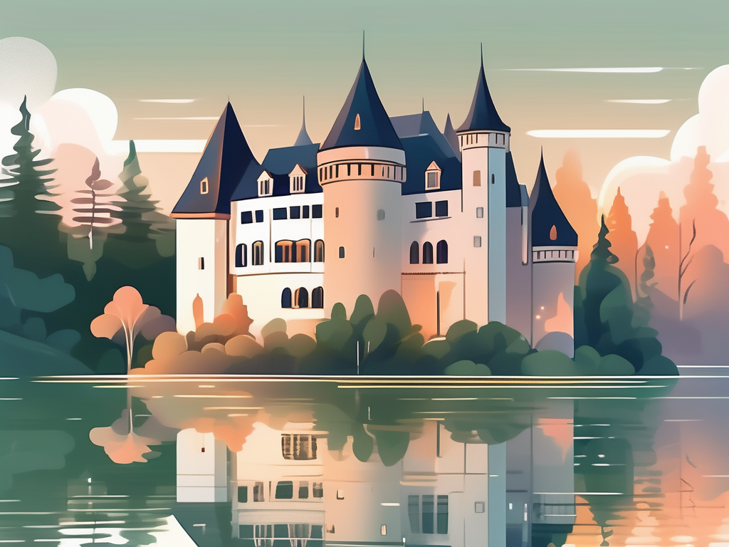 An enchanting castle nestled amidst lush greenery and a serene lake