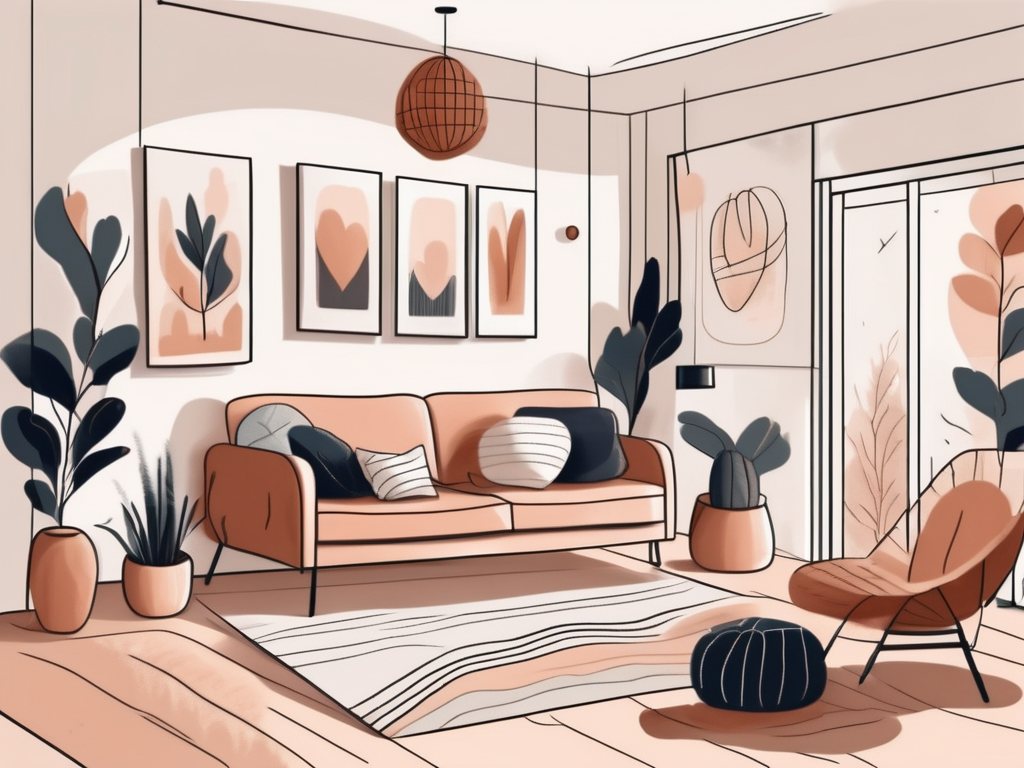 A cozy home interior filled with heart-shaped decor items like cushions