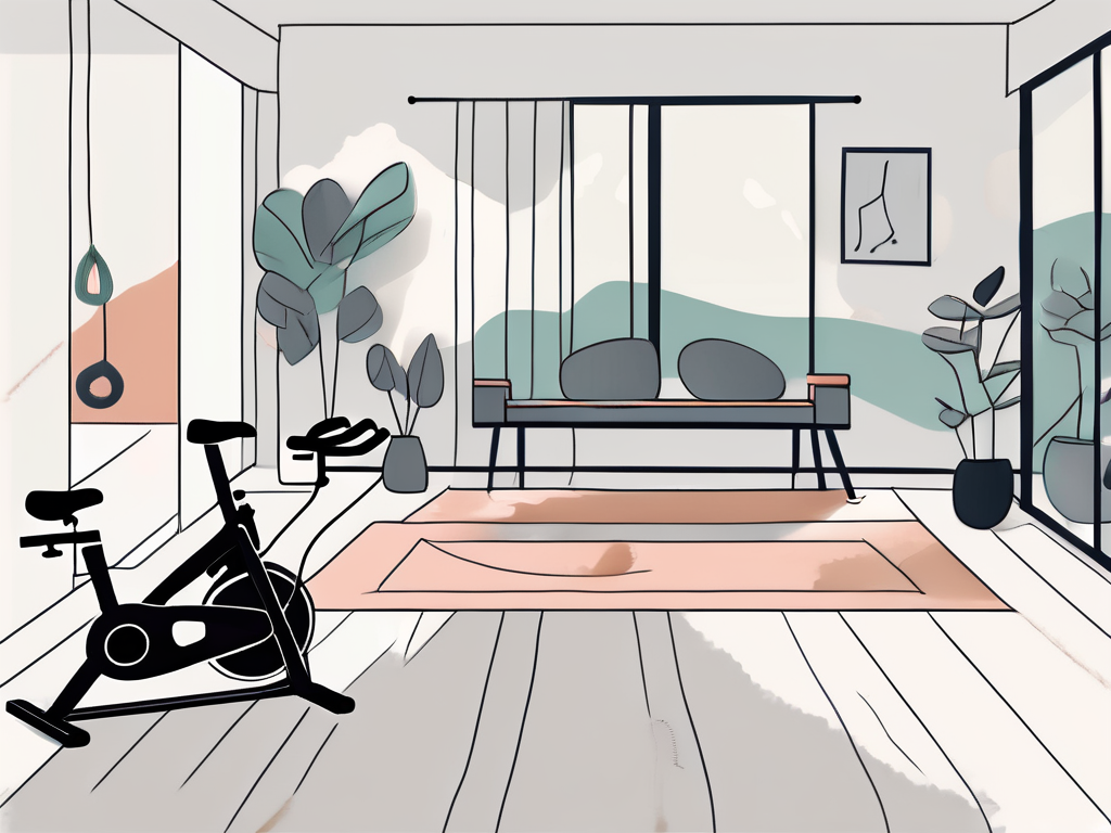A living room setting with a stationary bike