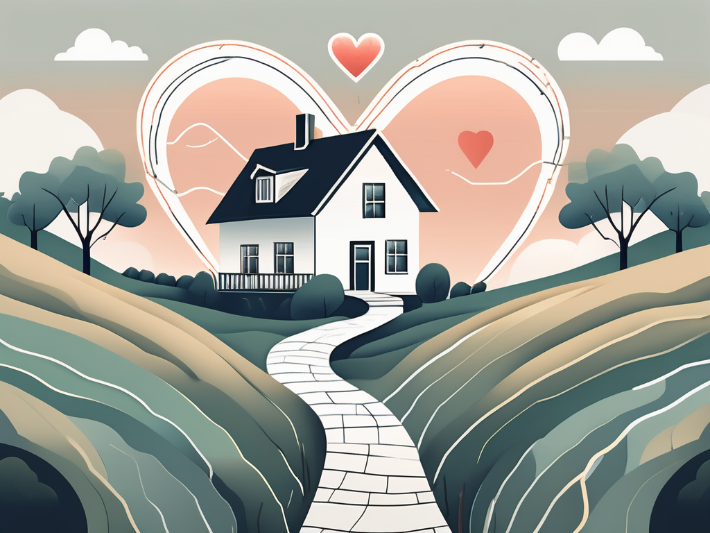 A heart-shaped house with a winding path symbolizing the phrenic nerve leading up to it