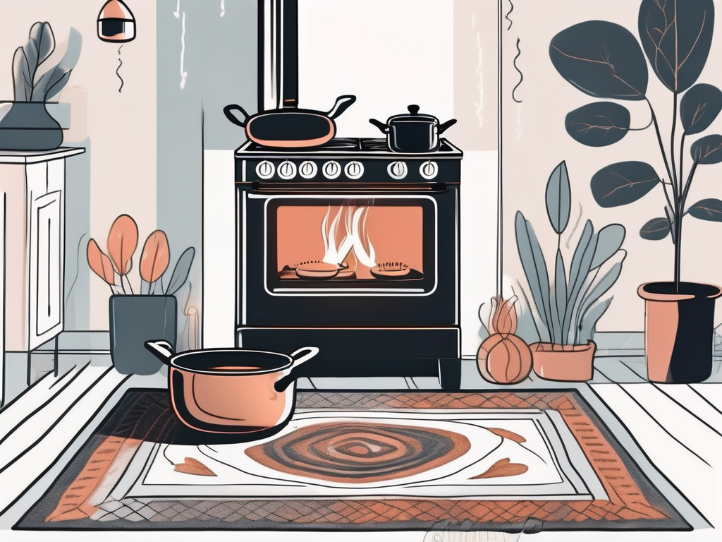 A cozy home interior with a heart-shaped rug on the floor and a simmering pot on the stove