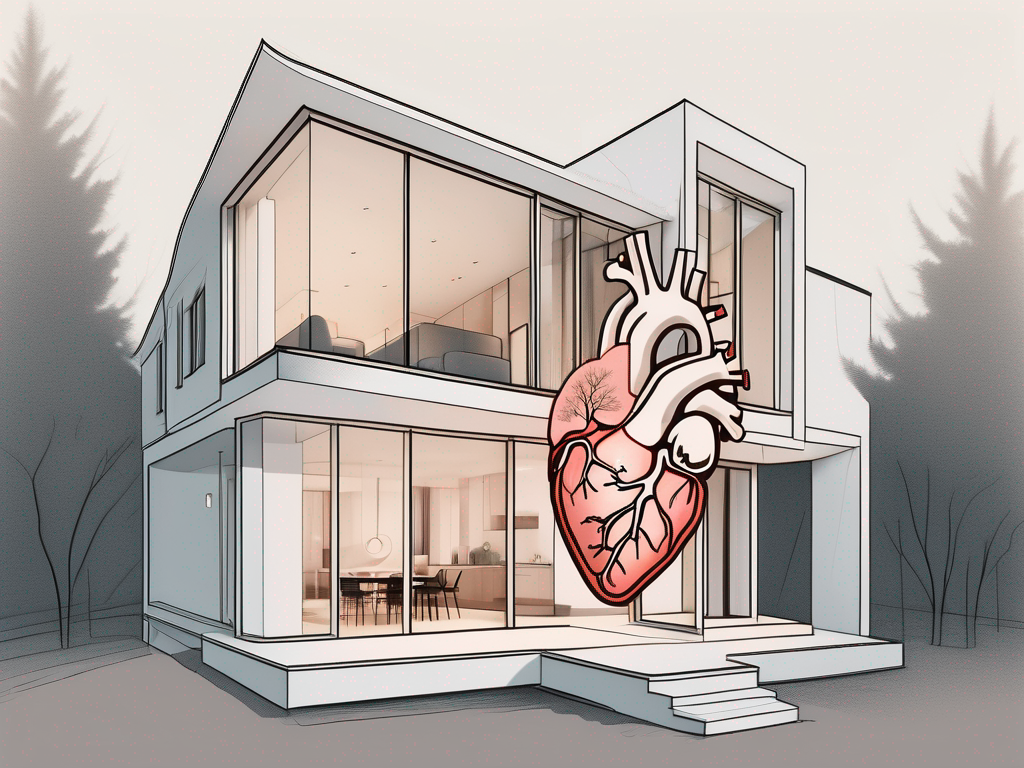 A cozy home with an anatomically accurate heart in the foreground and a mandibular nerve structure subtly integrated into the architecture of the house