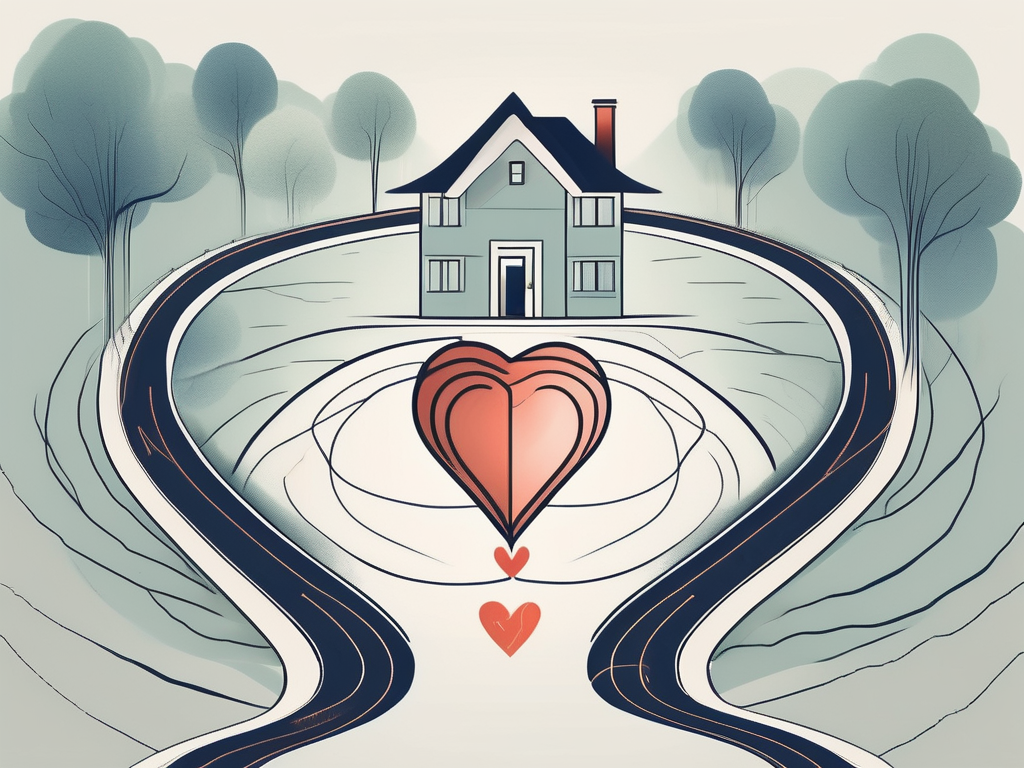 A heart-shaped house with a stylized depiction of the abducens nerve as a winding pathway leading to it